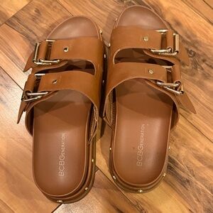 BCBGeneration Tan Buckle Slide Sandals